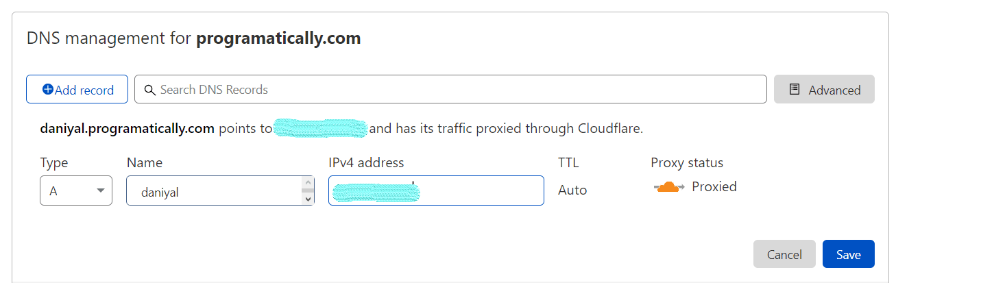 Filling in A Record info in Cloudflare