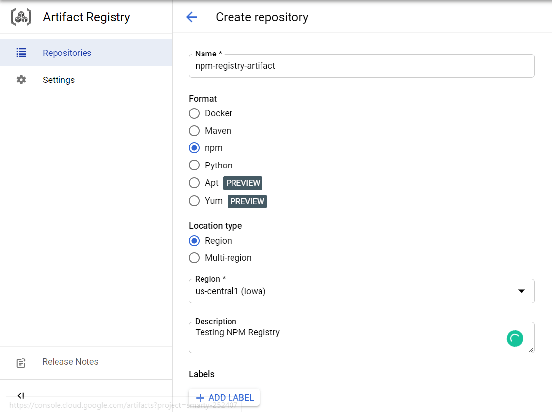 Creating NPM Repository at Google Artifact Registry