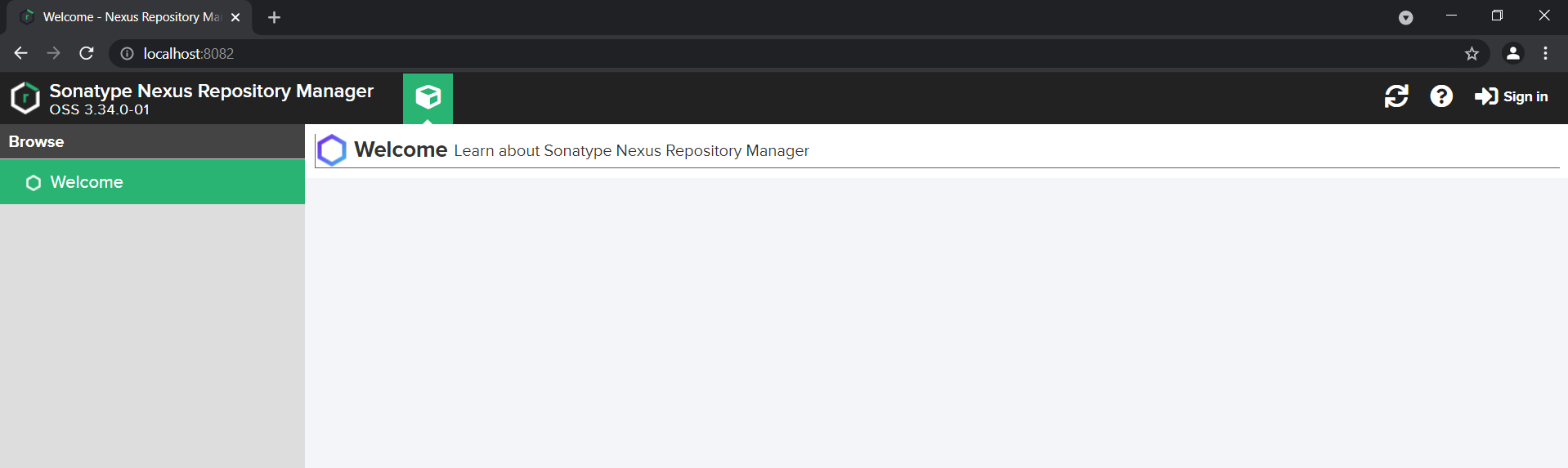 Nexus OSS 3 homepage where Maven Packages will be uploaded