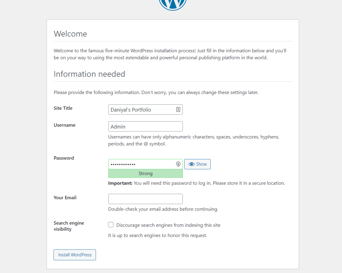 Setting up WordPress Website Information and Login Credentials