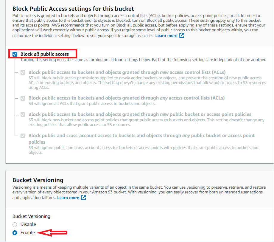 Allow Public Access and Enabling Versioning on S3 Bucket