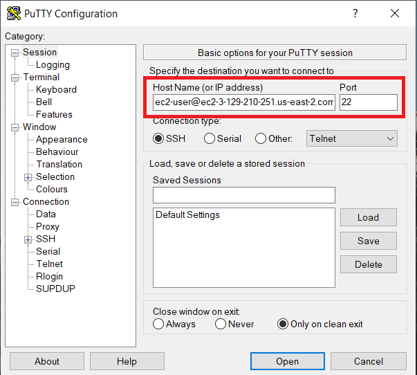 Adding Host Name in PuTTY to Connet to VM EC2 Instance on AWS